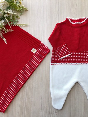 Saída de maternidade menina vermelha macacão 2 peças tricot