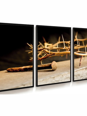 3 quadros decoração cruz sagrada deus coroa de espinhos