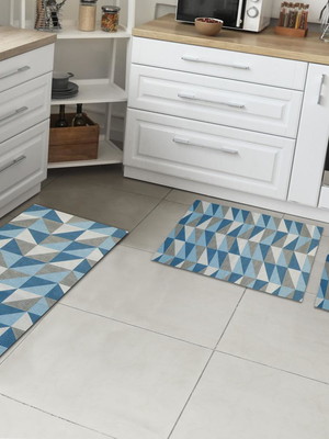 Kit tapetes e passadeira de cozinha 3 peças ladrilhos azul