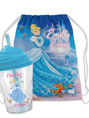 Mochilinha personalizada e copo chantily cinderela