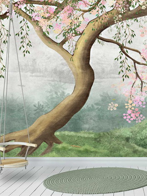 Papel de parede infantil floresta arvore jardim painel g1091