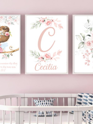 Kit 3 quadros decorativos menina no galho aquarela