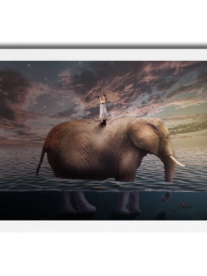 Quadro surrealista menina com elefante