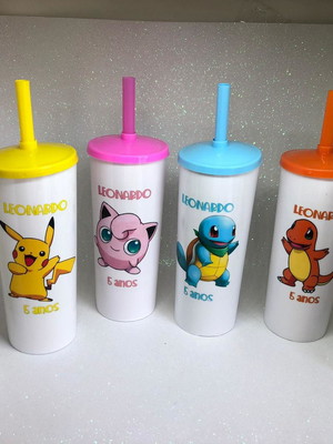 Pokemon-long drink com tampa e canudo em acrílico personaliz