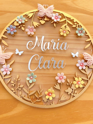 Enfeite porta maternidade floral acrílico e espelho