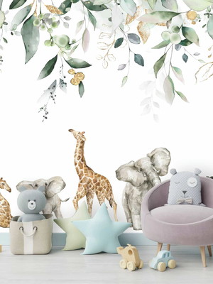 Adesivo parede infantil zoo safari selva folha painel g1218