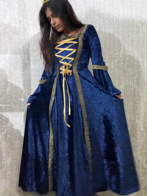 Vestido medieval veludo tradicional azul marinho luxo