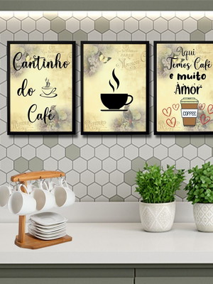 3 quados cantinho do café com frases amor moldura c/ vidro