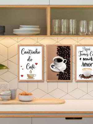 3 quadrinhos para cantinho do café com frase café e amor