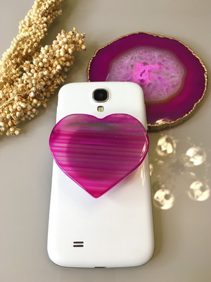 Pop socket coração ágata rosa e branca