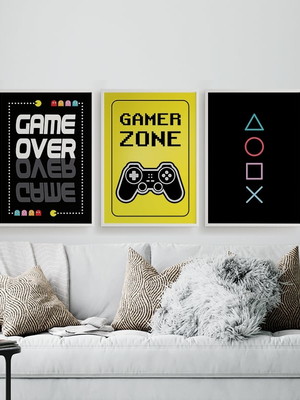 Kit 3 quadros gamer decoração quarto nerd geek 20x28cm