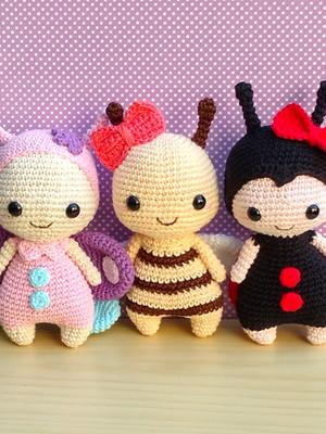 Trio jardim encantado borboleta, abelha e joaninha amigurumi