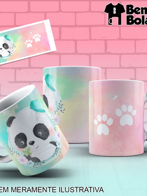 Caneca panda urso desenho fofo fundo aquarelado com patinhas