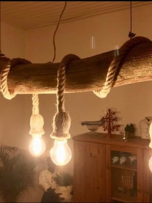 Luminária de madeira e pendente em corda!!