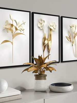 Kit 3 quadros decorativos para sala flores douradas moldura