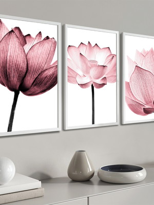 Kit 3 quadros decorativos flores para sala moderno moldura