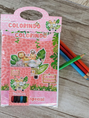 Kit: 10 revistas para colorir + giz de cera safari rosa