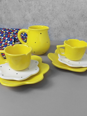 Kit de chá cerâmica amarelo poá preto