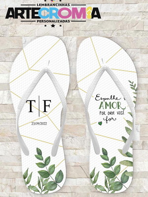 Chinelo para casamento com folhas verdes