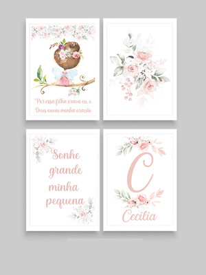 Quadros decorativos menina no galho aquarela