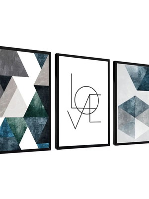 3 quadros abstrato azul e neutro cinza love molduras