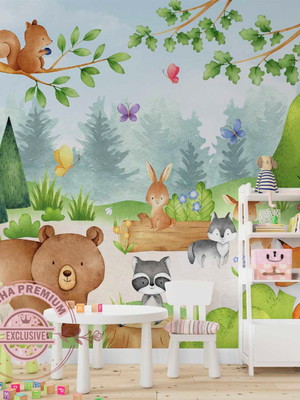 Papel de parede infantil floresta em aquarela