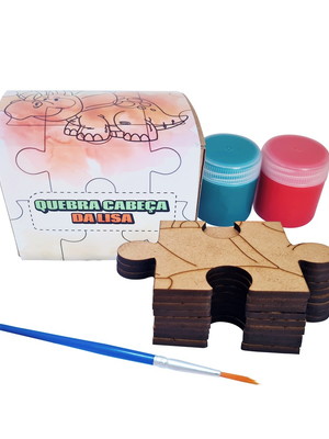 Kit quebra cabeça mdf 9 peças com tintas e pincel - dino