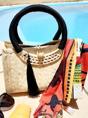 Bolsa de palha moda praia com tassel preto
