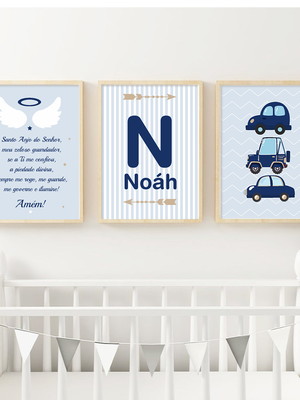 Quadro menino oração santo anjo e carrinhos
