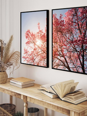 Kit 2 quadros decorativos flor de cerejeira arvore moldura