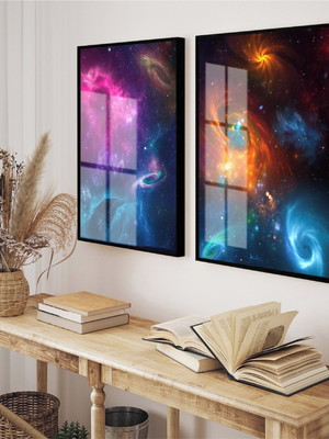 Kit 2 quadros decorativos universo planetas moldura e vidro