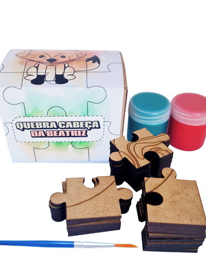 Kit quebra cabeça mdf 25 peças com tintas - bosque cute