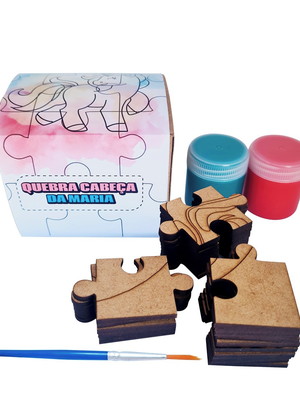 Kit quebra cabeça mdf 25 peças com tintas - unicórnio rosa