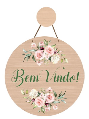 Placa de porta redonda mdf bem vindo floral
