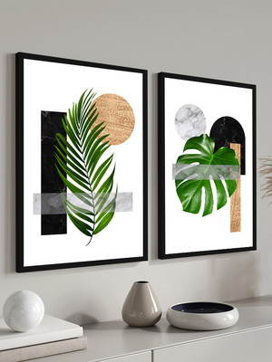 Kit 2 quadros decorativos abstrato folhagem verde moldura