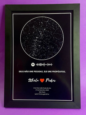 Quadro mapa das estrelas personalizado a4 com moldura