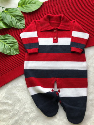 Saída maternidade menino macacão listrado vermelho gola polo