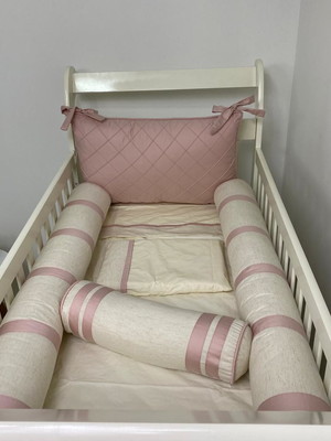 Kit berço linho luxo palha rosa antigo 7 pçs percal 400 fios