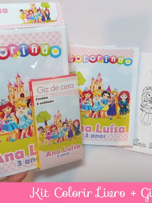 Mini livro colorir 10x14cm + giz de cera- princesas baby
