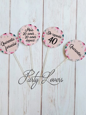 Toppers para docinhos rose gold com flores - 40 anos