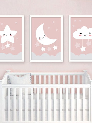 Kit 3 quadros decorativos menina lua estrela nuvem rosa