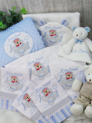 Kit enxoval bebê personalizado bordado urso aviador