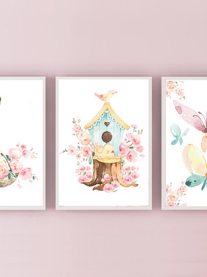 Quadros decorativos menina no jardim aquarela