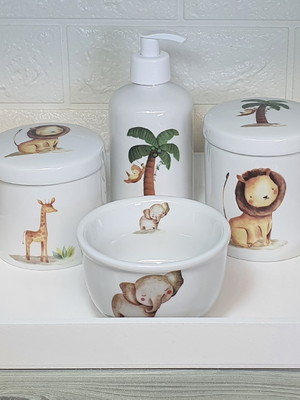 Kit higiene bebê safari 4 peças com bandeja mdf