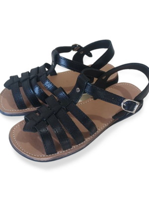 Sandalia feminina de couro artesanal preto romana 04