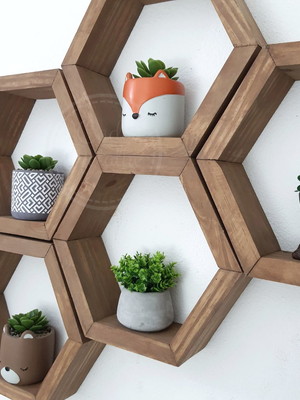 5 nicho colmeia hexagonal rustico madeira pinus 25x28x15cm