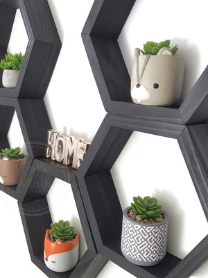 5 nicho colmeia hexagonal rustico madeira preto 25x28x10cm