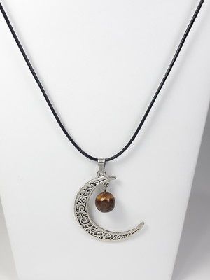 Cordão com pingente de lua com esfera de olho de tigre