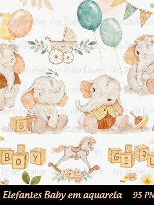Kit digital clipart elefantes baby aquarela - 101 pngs