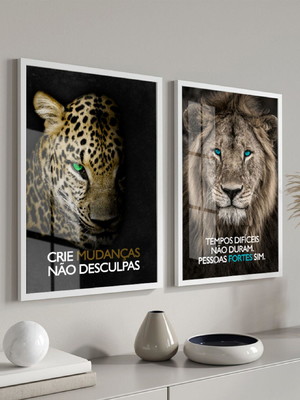 Quadro decorativos com vidro onça leão frase motivacional